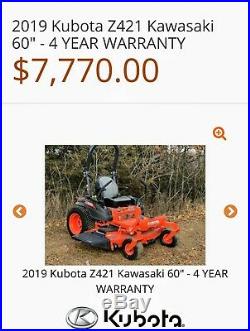2018 Kubota Z421k 60in Zero Turn Mower Kawaski Eng Only 56Hrs! With Full Warr