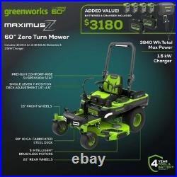 Greenworks Maximus Z 60V 60 in Zero-Turn Riding Lawn Mower with Batteries+Charger