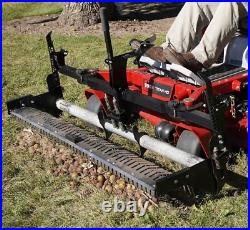 Swinging Tool Bar and Rake Ezra Lawn Care Equipment mounts on a zero turn mower