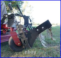 Swinging Tool Bar and Rake with tall Leaf Pushers mounts on a zero turn mower